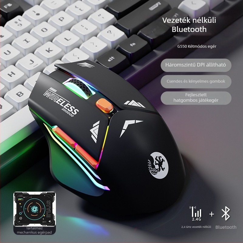 6-gombos mechanikus gaming egér, 1600 DPI optikai szenzor, kettős mód 2.4G/Bluetooth, csendes és újratölthető, ergonomikus kialakítás
