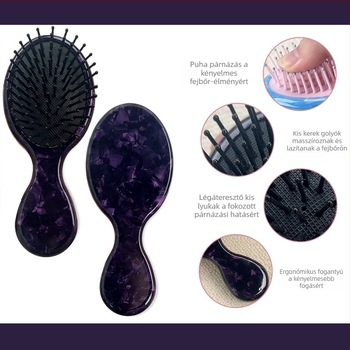 Gyerekeknek szóló hajkefe, rajzfilmszerű stílus, U alakú, kézzel készített, anyag: ecetsav