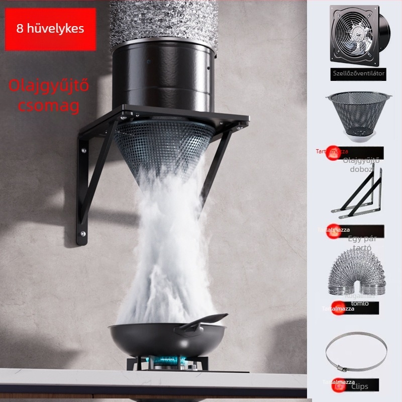 Konyhai szellőzőventilátor (FD-150 modell; telepítés: háromszög konzollal rögzítés; teljesítmény: 50–120 W; feszültség: 220 V; működtetés: mechanikus)