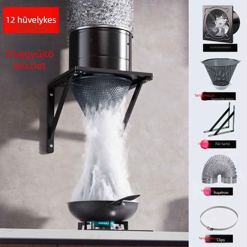 Konyhai szellőzőventilátor (FD-150 modell; telepítés: háromszög konzollal rögzítés; teljesítmény: 50–120 W; feszültség: 220 V; működtetés: mechanikus)