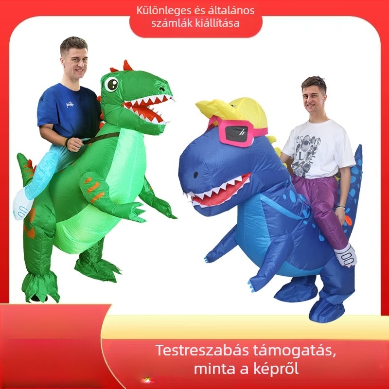 Felfújható Halloween kosztüm Tyrannosaurus Rex — textil anyag, részben kézi és részben mechanikus kivitelezés, testreszabás elérhető