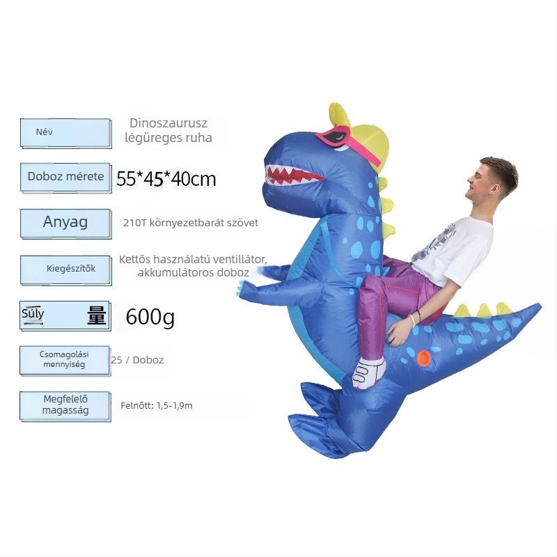Felfújható Halloween kosztüm Tyrannosaurus Rex — textil anyag, részben kézi és részben mechanikus kivitelezés, testreszabás elérhető