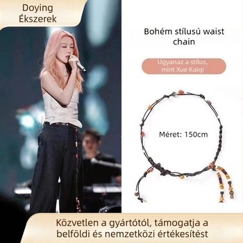 Hosszú szövött tehénbőrből készült derékzsinór gyöngyökkel, egyszerű stílus, kampó zárás, kagylócsattal