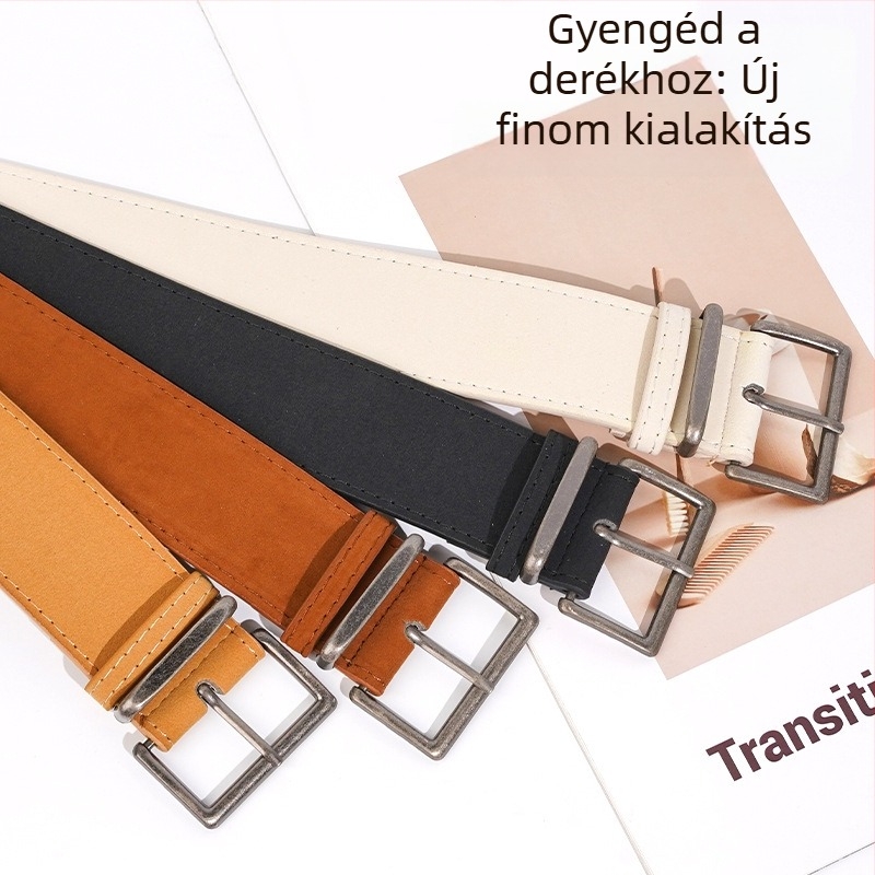Női öv műbőrből, ötvözet csattal, tűs csattal, szélesség 2-4 cm, egyszerű és sokoldalú stílus, nyár 2025 megjelenés