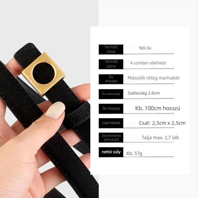 Női bőröv velúr textúrával, négyzet alakú övcsat ötvözetből, patent zárás, szélesség 2–4 cm