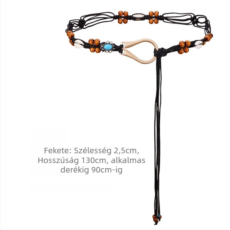 Bohem stílusú kötött deréköv - pamut és len, ötvözetű csattal, tűcsatos zárás, 2-4 cm szélesség