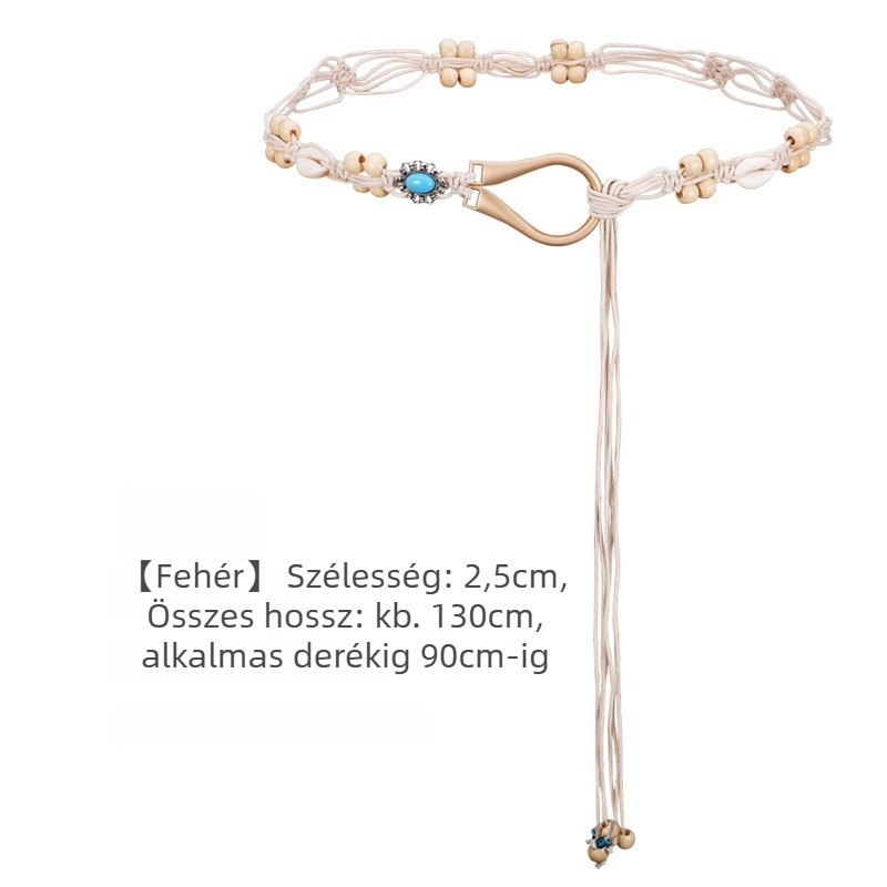 Bohem stílusú kötött deréköv - pamut és len, ötvözetű csattal, tűcsatos zárás, 2-4 cm szélesség