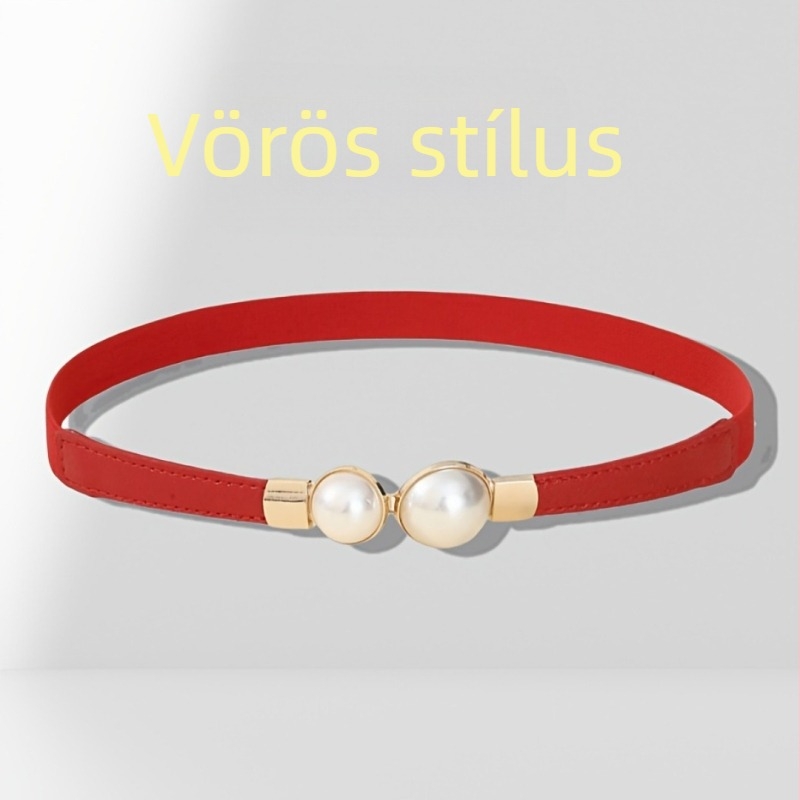 Női PU bőr ruha vékony gyöngyös övvel (Anyag: PU bőr; Övcsat anyaga: ötvözet; Zárás: tűkapocs; Öv szélesség: vékony (<2 cm); Gyöngyös díszítés)