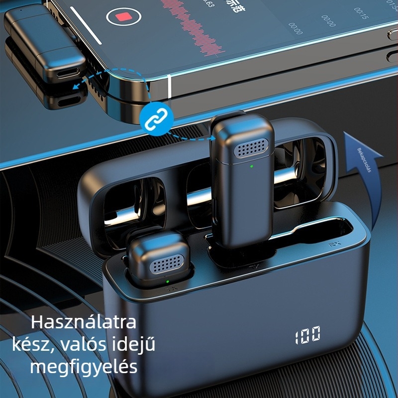 K6 vezeték nélküli lavalier mikrofon vevő mobil eszközökhöz, Bluetooth 5.3, 20Hz-20kHz, SNR ≥70dB, beépített 300–500mAh akkumulátor, akár 12 óra üzemidő