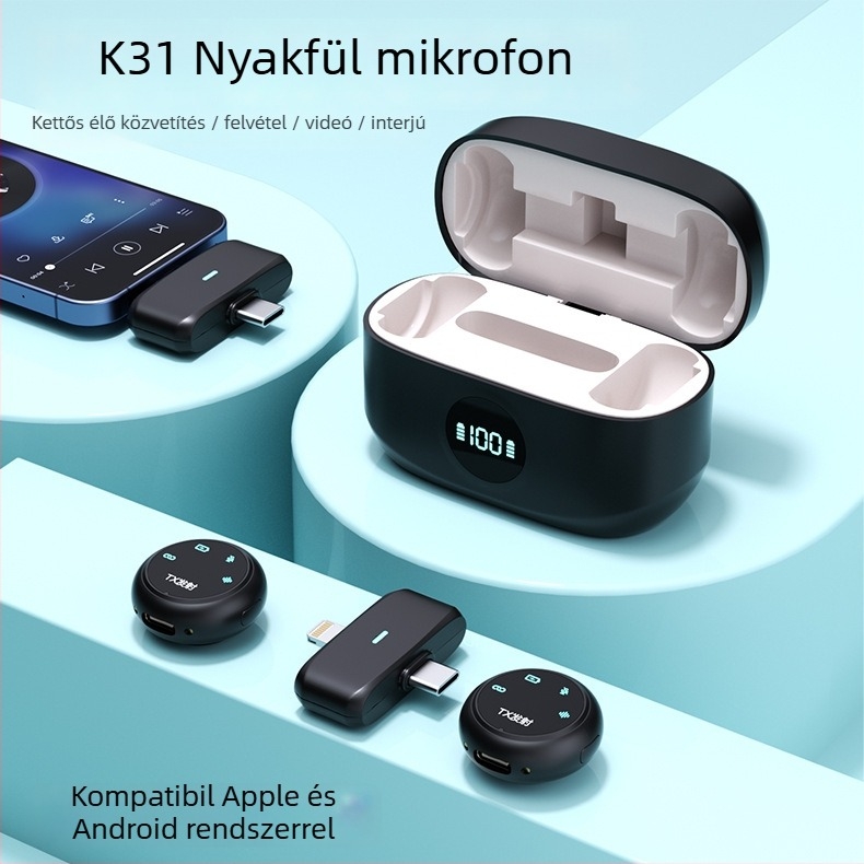 K31 lavalier mikrofon klipekkel - beépített akkumulátor 300-500 mAh, Bluetooth 5.2, frekvencia 20 Hz-20 kHz, SNR ≥75 dB, üzemidő 3-6 óra