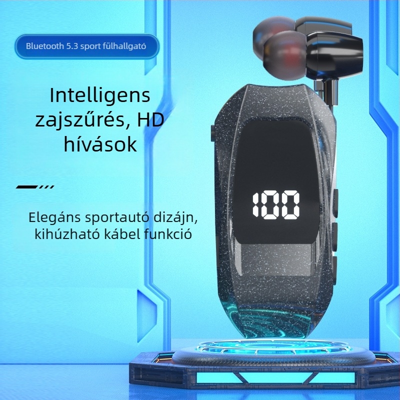 Nyakklipszes vezeték nélküli Bluetooth headset, 10 m hatótáv, Bluetooth 5.3, vízálló, digitális kijelző, üzemidő >8 óra