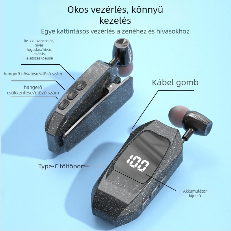Nyakklipszes vezeték nélküli Bluetooth headset, 10 m hatótáv, Bluetooth 5.3, vízálló, digitális kijelző, üzemidő >8 óra