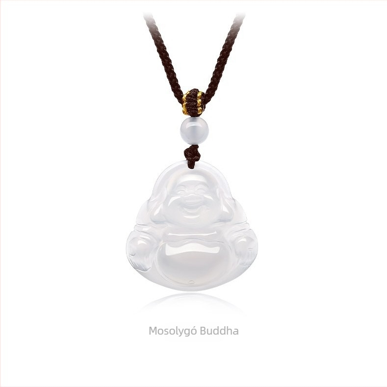 Kalcedon medálos nyaklánc mosolygó Buddha motívummal, geometriai forma, kötél típusú lánccal, uniszex
