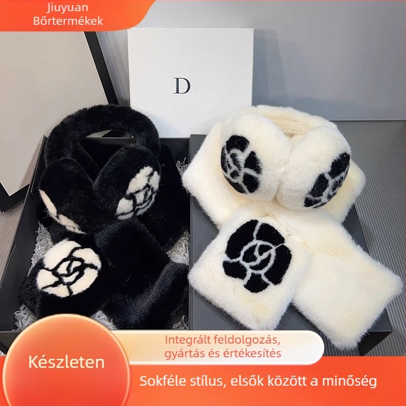 Kamélia mintás plüss fülmelegítő sál, műnyúl szőrrel, női téli kiegészítő, melegen tart