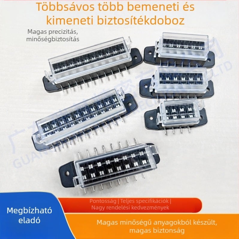 Autó biztosítéktartó, 4-, 6-, 8- vagy 10-utas, kétoldalú kábelezés, egyenes csatlakozás.