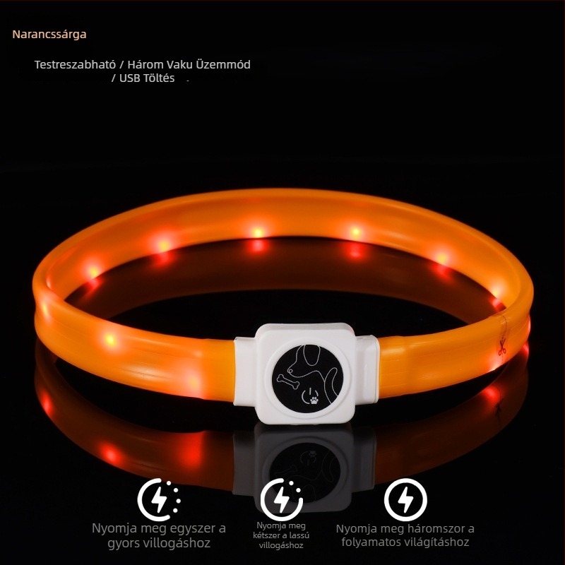 LED világító kutyanyakörv Type-C újratöltéssel, szilikonból, éjszakai használatra