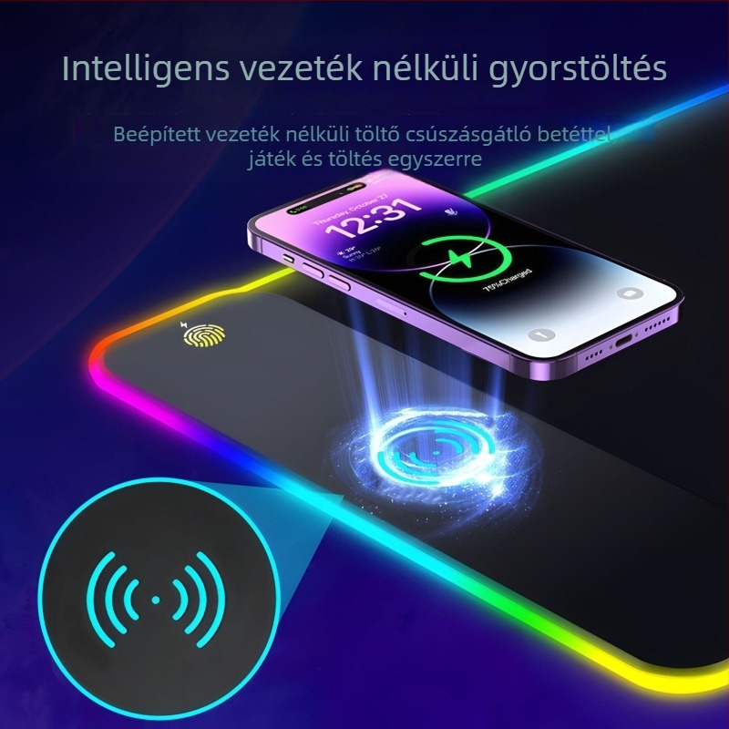 RGB világító vezeték nélküli egérpad, csúszásmentes, foltálló, vastagított asztali pad, extra nagy