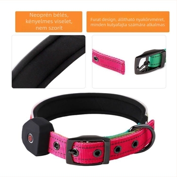 LED világító kutyanyakörv nyomtatott fényvisszaverő sávval, USB töltés, poliészter
