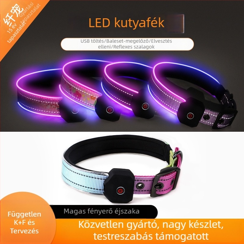 LED világító kutyanyakörv nyomtatott fényvisszaverő sávval, USB töltés, poliészter