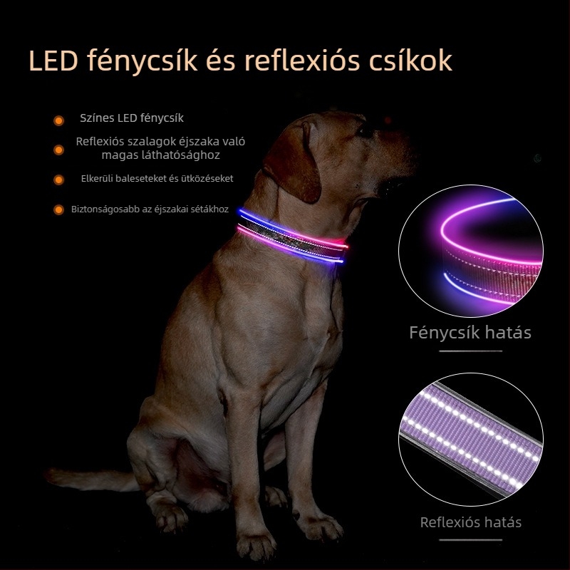LED világító kutyanyakörv nyomtatott fényvisszaverő sávval, USB töltés, poliészter