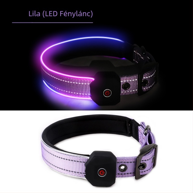 LED világító kutyanyakörv nyomtatott fényvisszaverő sávval, USB töltés, poliészter