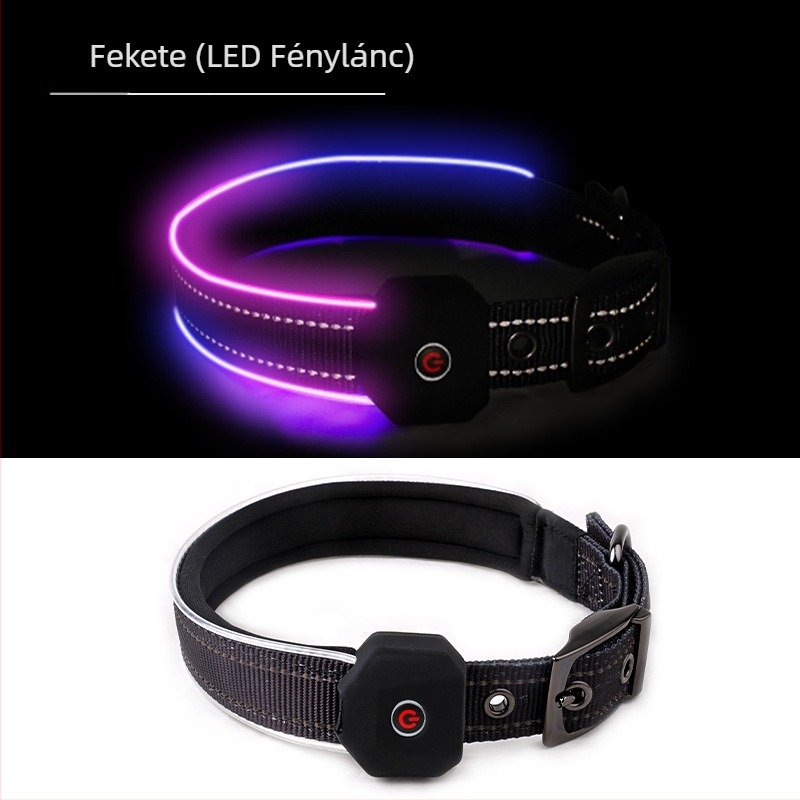 LED világító kutyanyakörv nyomtatott fényvisszaverő sávval, USB töltés, poliészter
