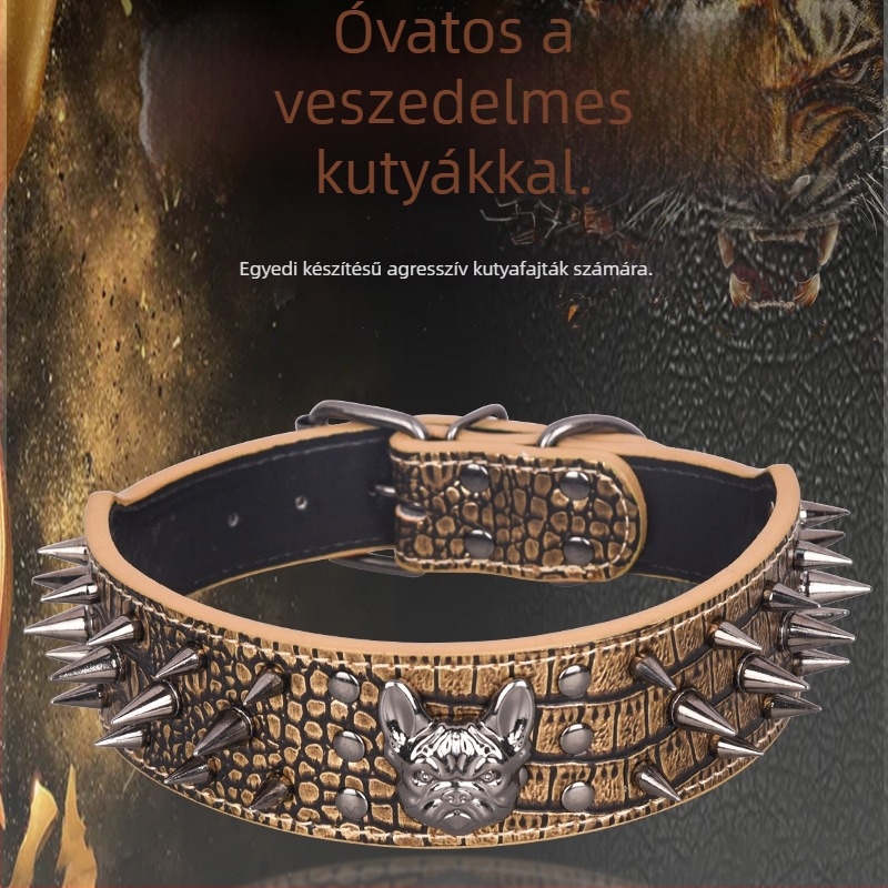 Kutyagallér harapás elleni, szegecsekkel, monokróm mintázat, műbőr, brit stílus