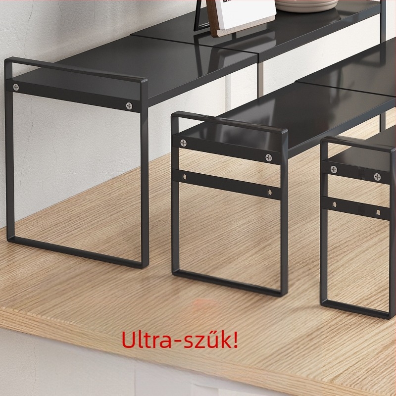 Irodai emelőpolc, fém, ultra-szűk profil, két szintű tároló az asztalnál