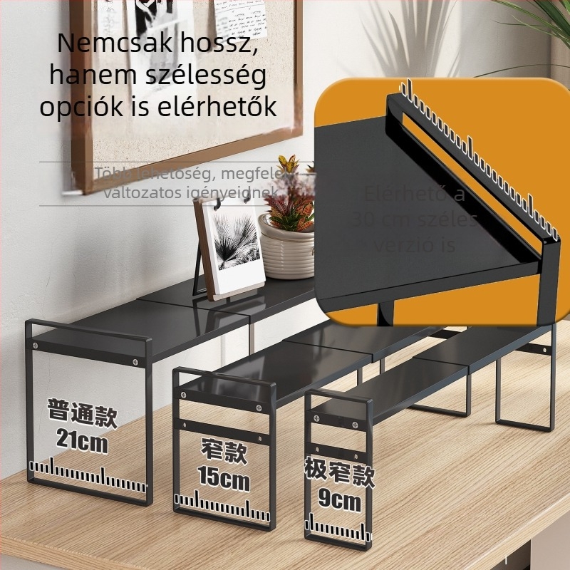 Irodai emelőpolc, fém, ultra-szűk profil, két szintű tároló az asztalnál