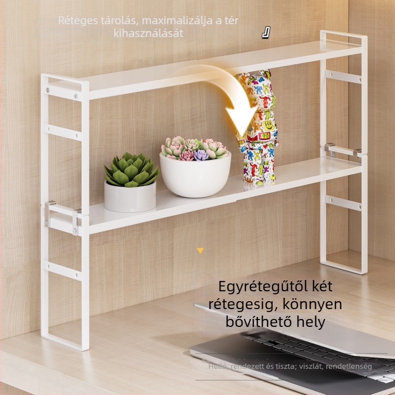 Irodai emelőpolc, fém, ultra-szűk profil, két szintű tároló az asztalnál