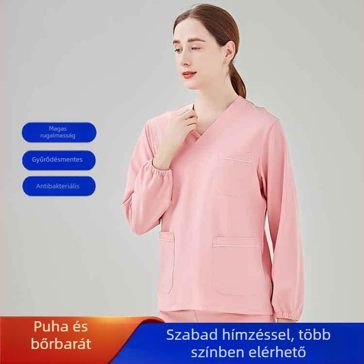 Uniszex orvosi scrubs készlet nedvesség-elvezető poliészter‑elasztán anyagból, V‑nyakú rövid ujjú felső és nadrág, kórházban, műtőben, fogorvosi és állatorvosi ellátásra