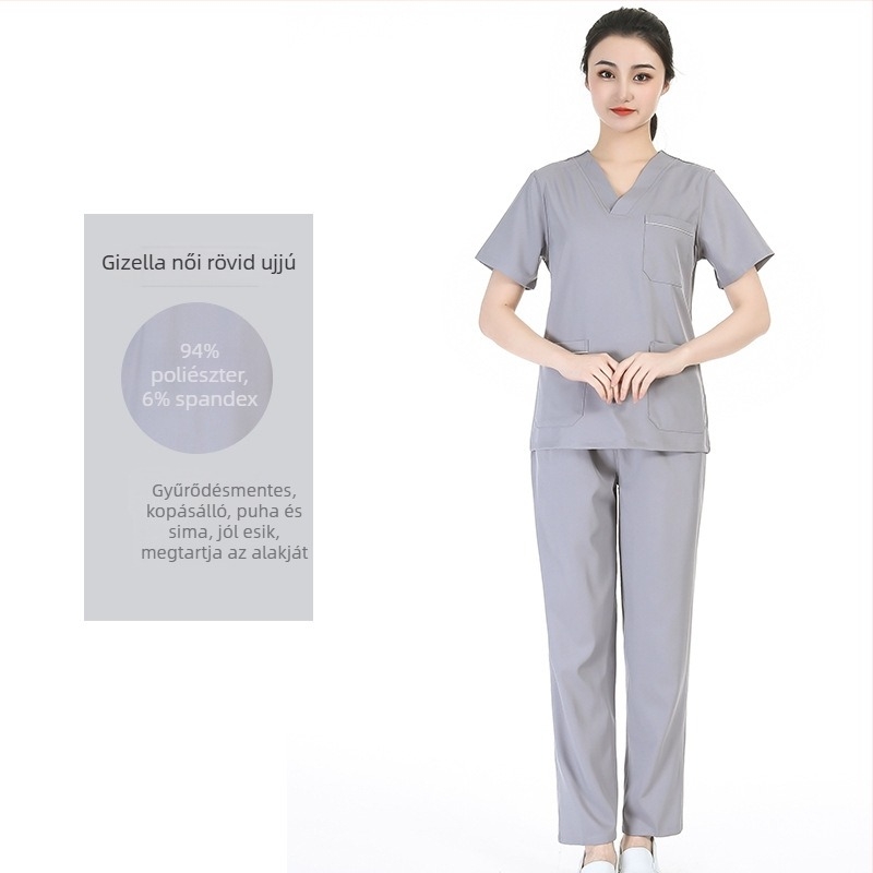 Uniszex orvosi scrubs készlet nedvesség-elvezető poliészter‑elasztán anyagból, V‑nyakú rövid ujjú felső és nadrág, kórházban, műtőben, fogorvosi és állatorvosi ellátásra