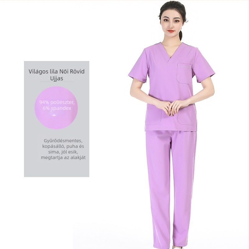 Uniszex orvosi scrubs készlet nedvesség-elvezető poliészter‑elasztán anyagból, V‑nyakú rövid ujjú felső és nadrág, kórházban, műtőben, fogorvosi és állatorvosi ellátásra
