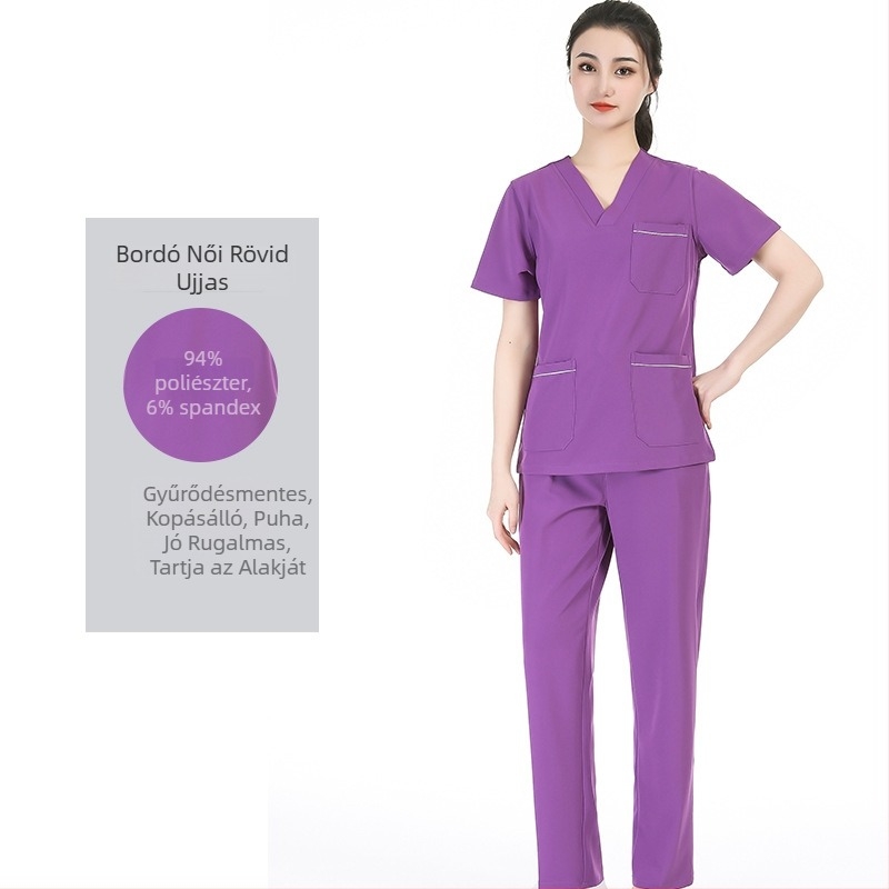 Uniszex orvosi scrubs készlet nedvesség-elvezető poliészter‑elasztán anyagból, V‑nyakú rövid ujjú felső és nadrág, kórházban, műtőben, fogorvosi és állatorvosi ellátásra