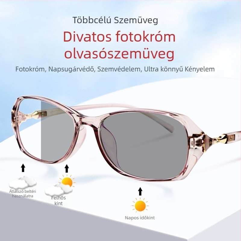 Női intelligens fotóérzékeny, színváltó progresszív olvasószemüveg, ultra könnyű, UV-védelem és kékfény elleni védelem