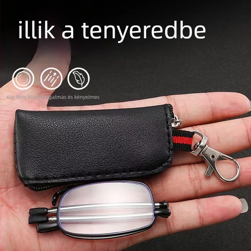 Összecsukható teleszkópos keretes olvasószemüveg, anti‑kék fény, presbiopikus, teljes fémből, bőrtokkal és kulcstartóval