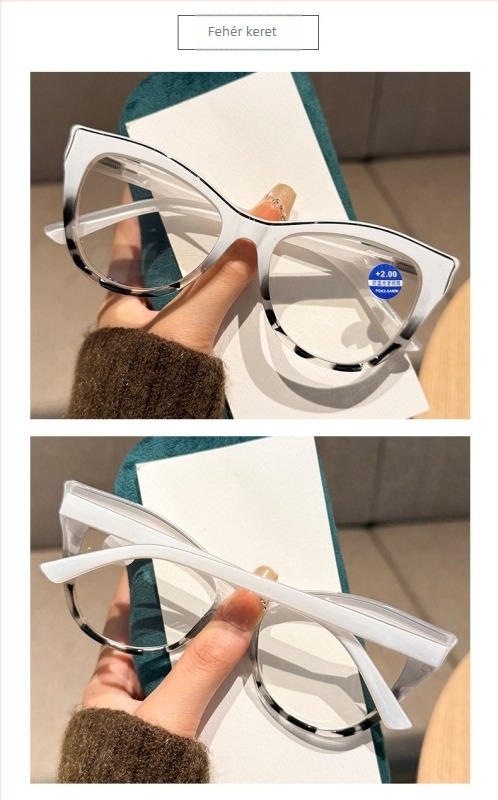 Cat-eye olvasó szemüveg, anti-kék fény, teljes keret, rugós szárakkal, felnőtteknek