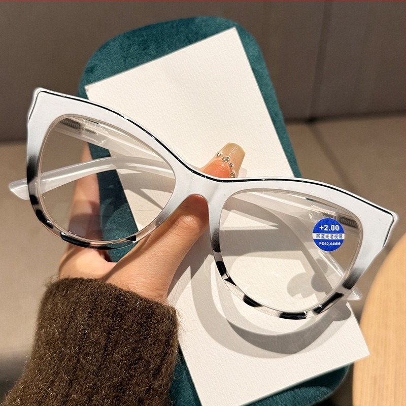 Cat-eye olvasó szemüveg, anti-kék fény, teljes keret, rugós szárakkal, felnőtteknek