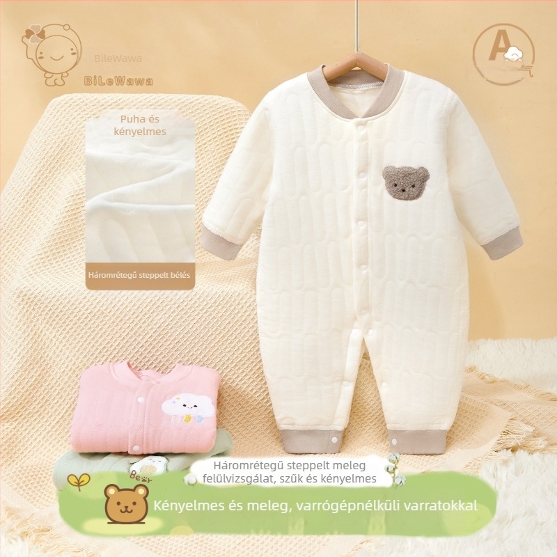 100% pamut babaromper, háromrétegű steppelt, vastag, hosszú ujjú, uniszex, elöl gombos zárás