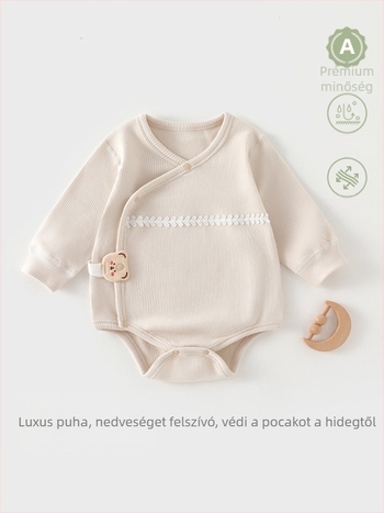 Uniszex egyrészes babaruha romber diagonális gallérral, rejtett gombos záródással, hosszú ujjú, anyaga: 95% pamut, velúr-pamut keverék, minden évszakra