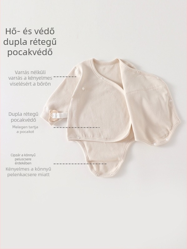 Uniszex egyrészes babaruha romber diagonális gallérral, rejtett gombos záródással, hosszú ujjú, anyaga: 95% pamut, velúr-pamut keverék, minden évszakra