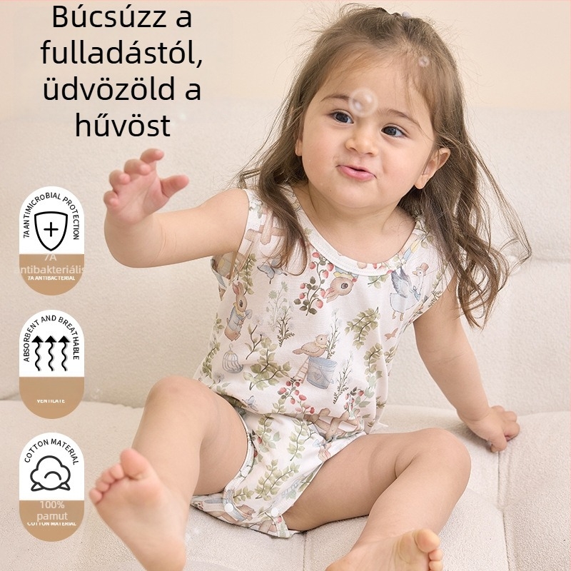 Újszülött nyári vékony ujjatlan overál, légáteresztő, 100% pamut, uniszex