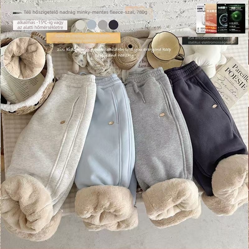 Gyerek téli pamutnadrág fleece-béléssel, 90% pamut, puha felület, középmagas derekú elasztikus öv, 3–8 éveseknek.