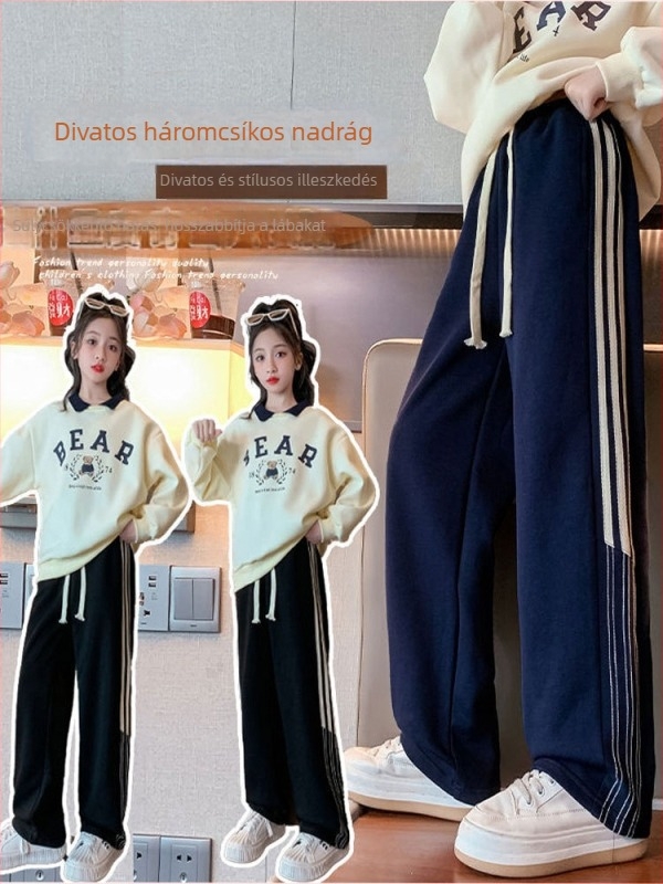 Gyerek nadrág, koreai stílusú casual, csíkos, magas derekú, 95% poliészter