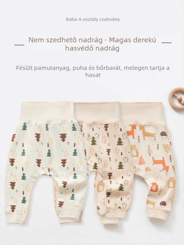 Magas derekú babanadrág 100% pamutból, snap zárás, nyitott ágyékkal, uniszex, 1–3 éveseknek, tavasz–ősz