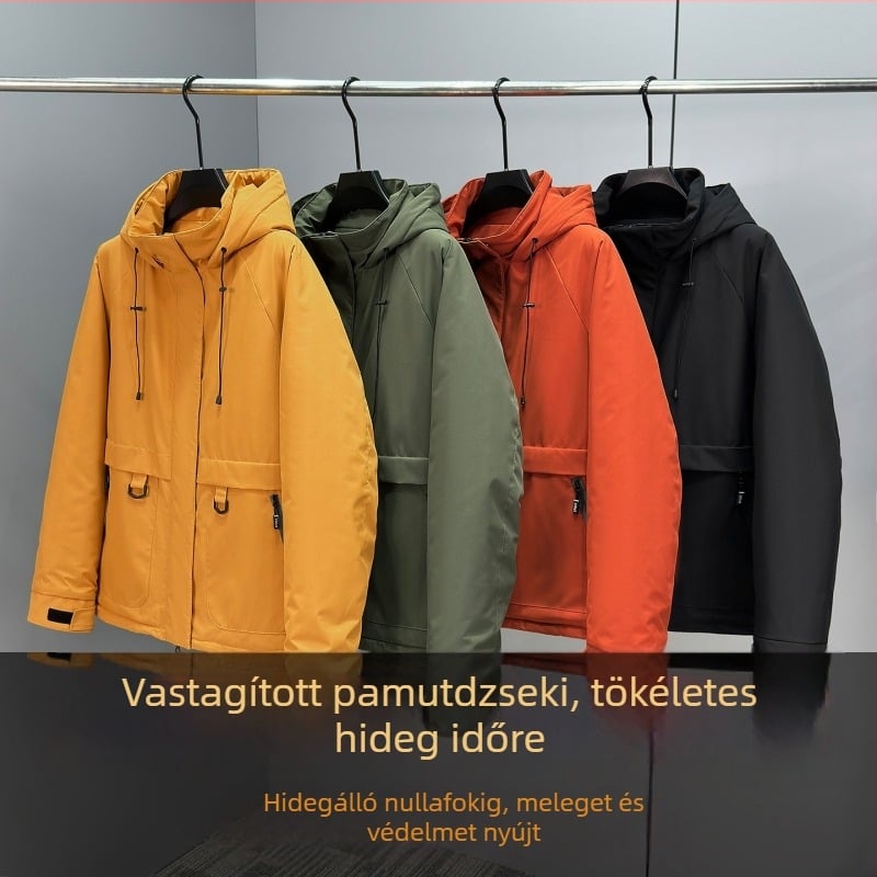 Plusz méretű férfi kapucnis bélelt téli kabát poliészter töltettel, vízálló, cipzár, több zseb, laza szabás