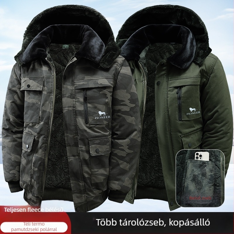 Férfi téli pamut bélelt kabát fleece belsővel, vastag melegítéshez, hosszú ujjú, lazán szabott, nagy méret