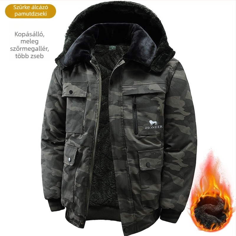 Férfi téli pamut bélelt kabát fleece belsővel, vastag melegítéshez, hosszú ujjú, lazán szabott, nagy méret