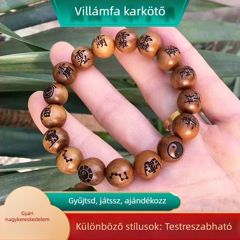Villámcsapás érte a datolyaszilvafa karkötő gravírozott szent szimbólumokkal és buddhista gyöngyökkel