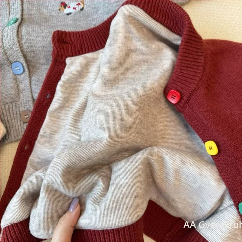 Gyermekeknek szóló kettős rétegű vastag kötött pulóver, téli stílus, koreai stílus, kerek nyak, egynapos záródás